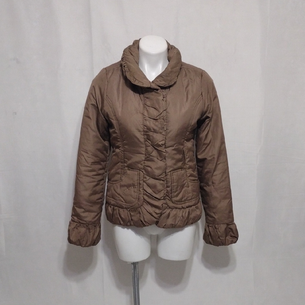 Dollhouse Brown Ruffled Puffer Jacket Medium Lightweight Fall Winter Trendy Coat